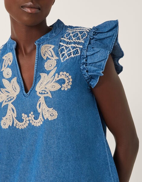Holly Embroidered Denim Top, Blue (DENIM BLUE), large