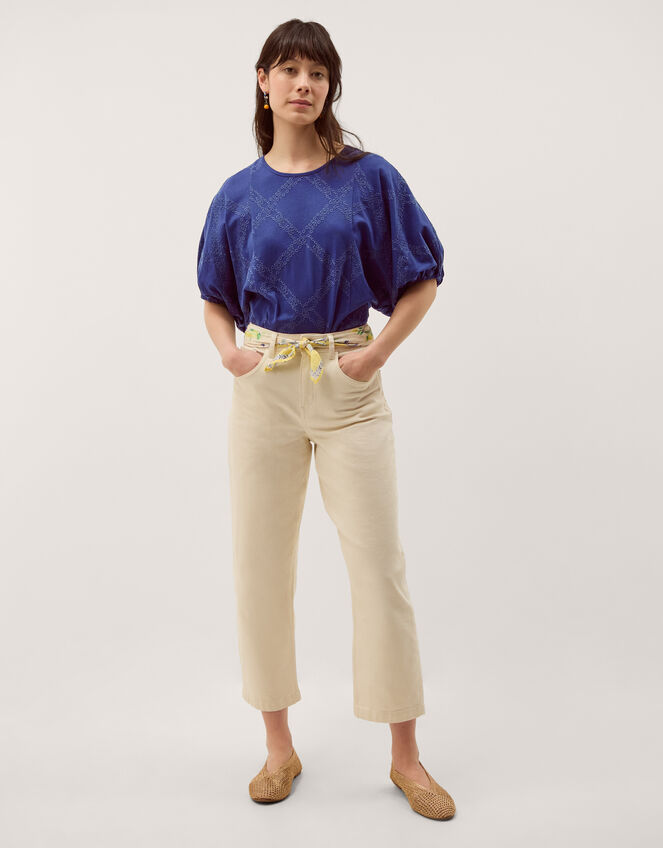 Ellie Puff Sleeve Embroidered Jersey Top, Blue (NAVY), large