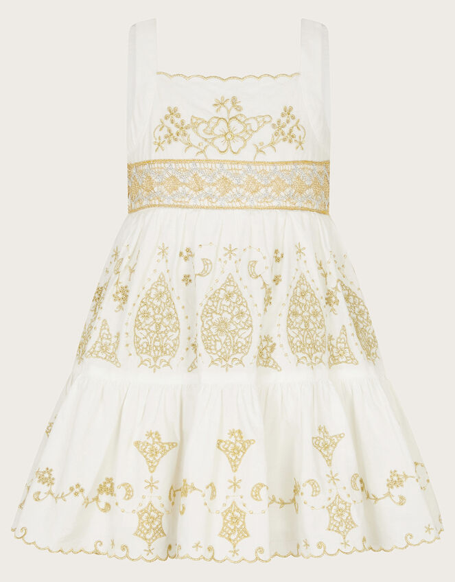 Baby Gold Floral Embroidered Dress, Ivory (IVORY), large