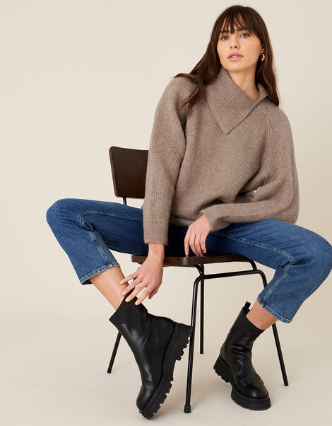 LOUNGE Split Neck Knit Jumper  Brown, Brown (MOCHA), large