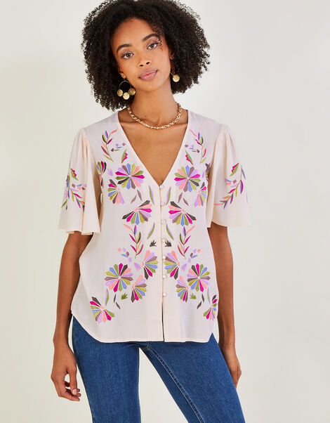 Farah Embroidered Top in Sustainable Viscose Ivory, Ivory (IVORY), large