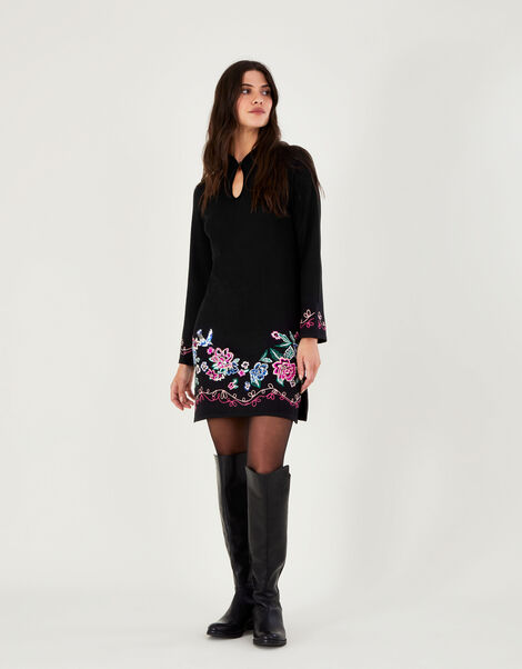 Embroidered Short Tunic Dress with Recycled Polyester, Black (BLACK), large