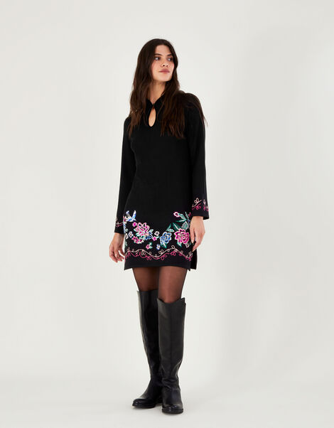 Embroidered Short Tunic Dress with Recycled Polyester Black, Black (BLACK), large