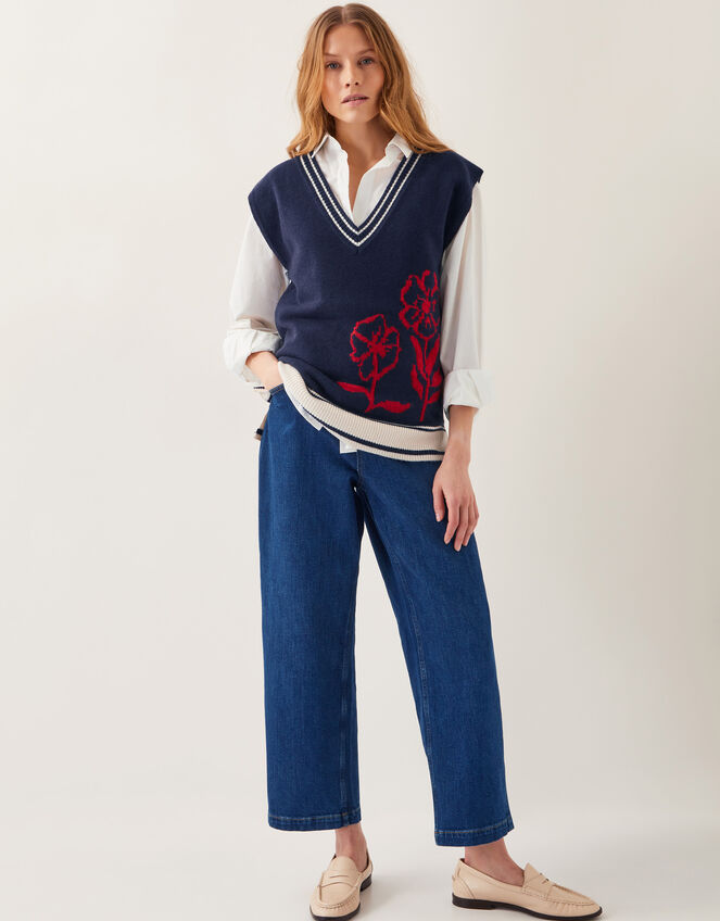 Fay Floral V-Neck Knitted Vest, Blue (NAVY), large
