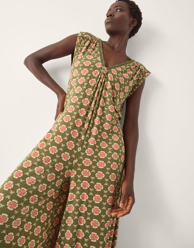 Maddie Sleeveless Floral Print Romper, Green (KHAKI), large