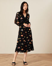 Sutton Animal Embellished Midi Dress in Recycled Polyester, Black (BLACK), large