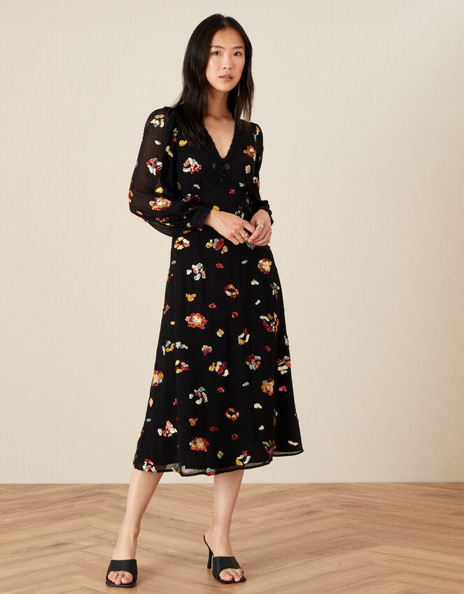 Sutton Animal Embellished Midi Dress in Recycled Polyester, Black (BLACK), large