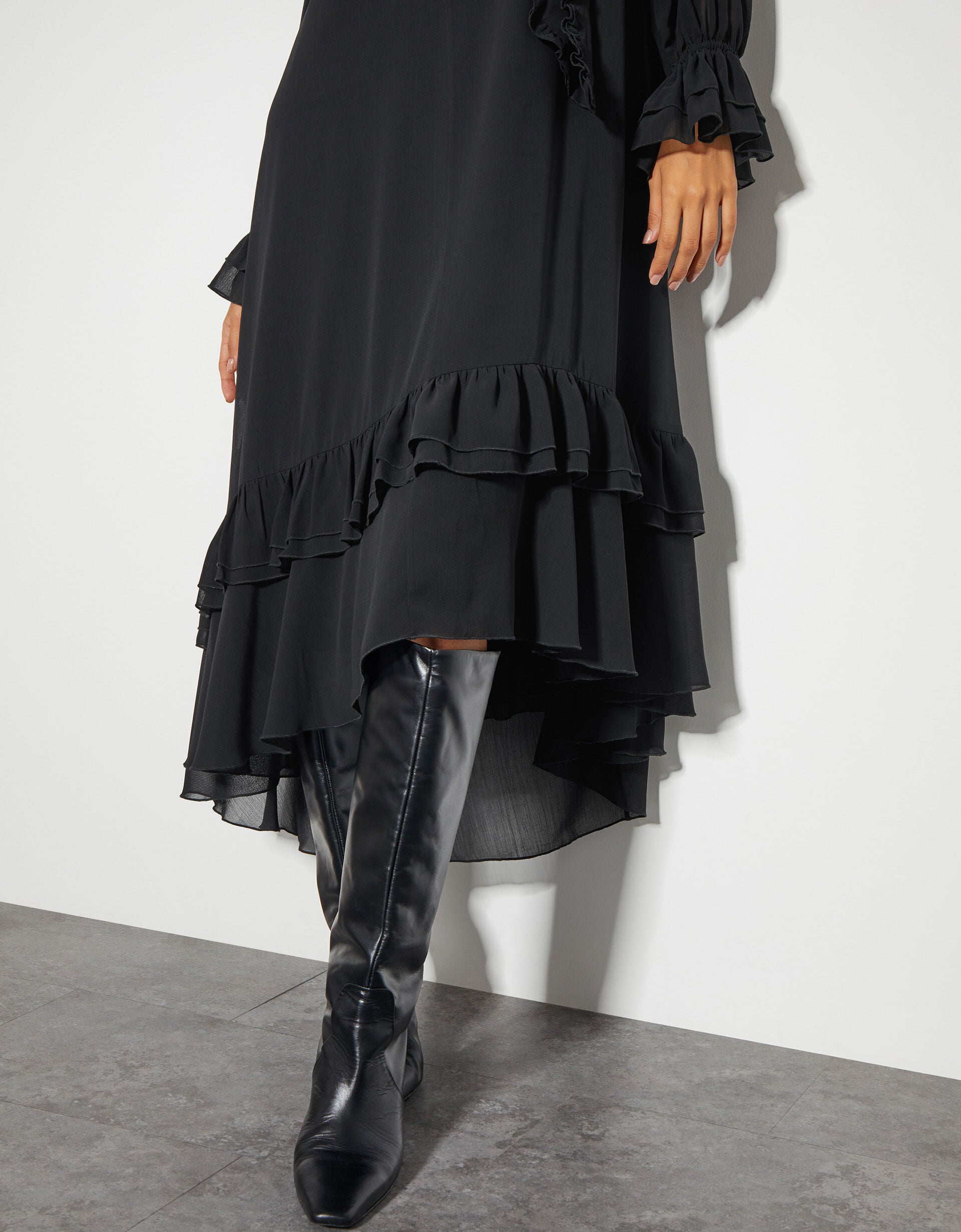 Aurelia Long Sleeve Ruffle Midi Dress Black | Day Dresses