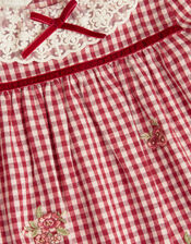 Lace Collar Embroidered Gingham Dress, Red (BURGUNDY), large