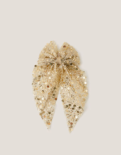 Long Sequin Bow Hair Clip, Gold (GOLD), large