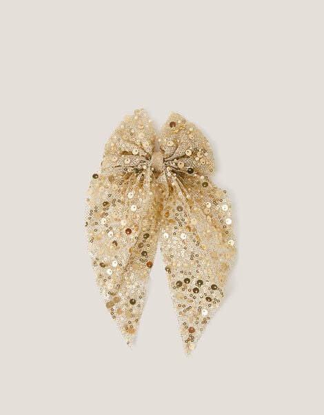 Long Sequin Bow Hair Clip, Gold (GOLD), large