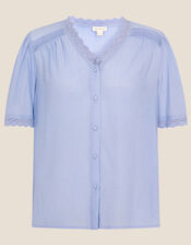 Button Through Short Sleeve Top, Blue (BLUE), large