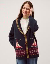 Sapna Intarsia Sailor Cardigan, Blue (NAVY), large