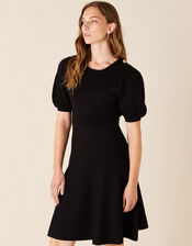 Button Detail Puff Sleeve Dress, Black (BLACK), large
