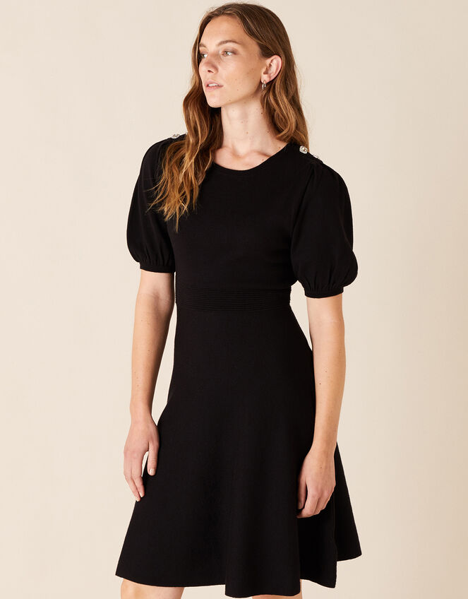 Button Detail Puff Sleeve Dress, Black (BLACK), large