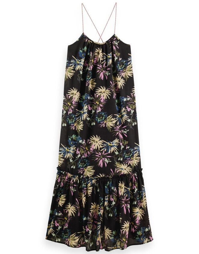 Scotch and Soda Print Tiered Maxi Dress Shorter Length, Black (BLACK), large