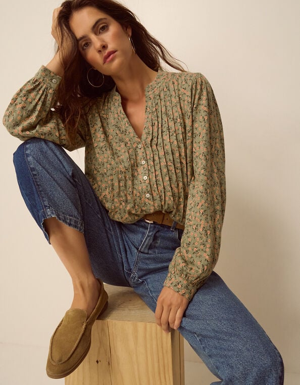 Deena Ditsy Floral Jersey Blouse, Green (GREEN), large