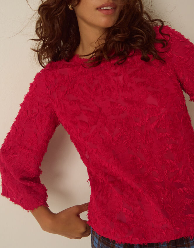 Chrissy Bell Sleeve Textured Fringe Top, Red (RED), large