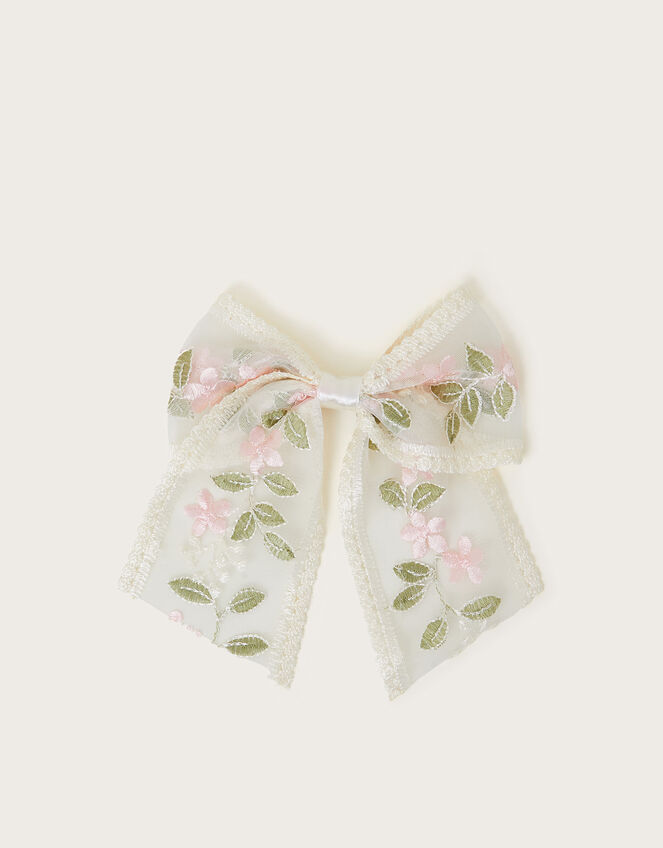 Floral Embroidered Bow Hair Clip, , large