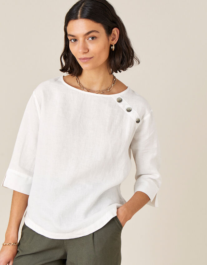 Rosewood Longline T-Shirt in Pure Linen, White (WHITE), large