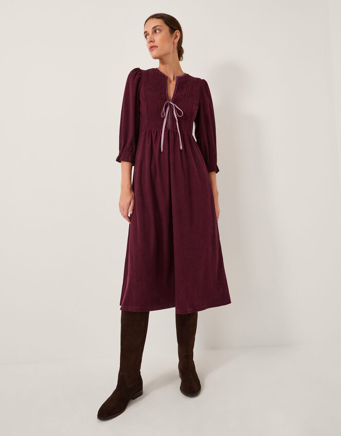 Sara Smocked Corduroy Midi Dress, Red (BERRY), large