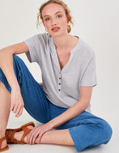 Button Detail Jersey Short Sleeve Top, Grey (GREY), large