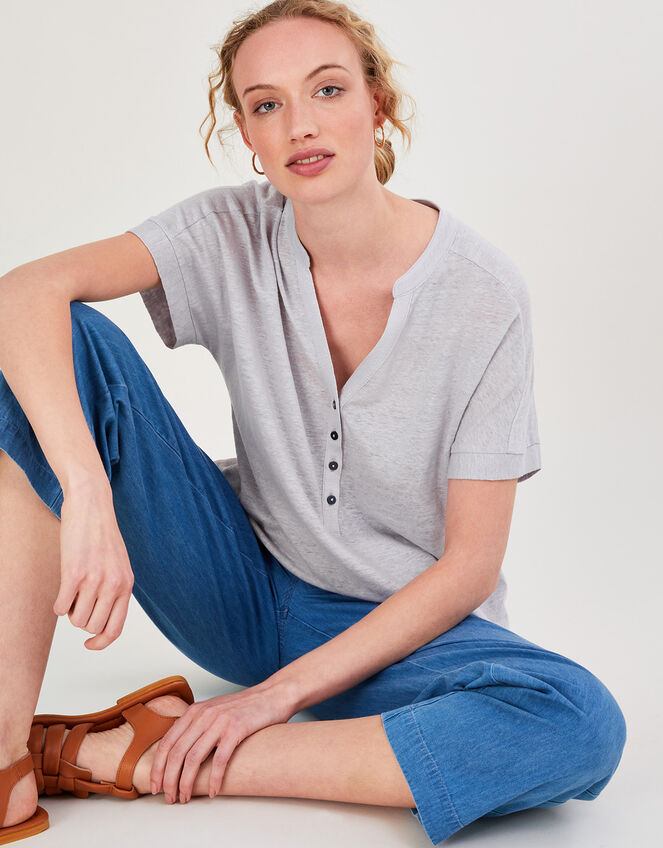 Button Detail Jersey Short Sleeve Top, Grey (GREY), large