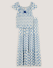 Floral Print Smocked Top & Maxi Skirt Set, White (WHITE), large