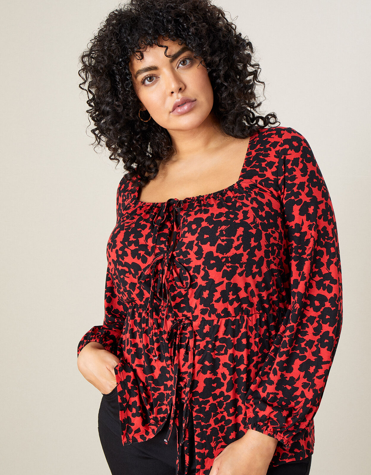 Floral Square Neck Jersey Top Black 