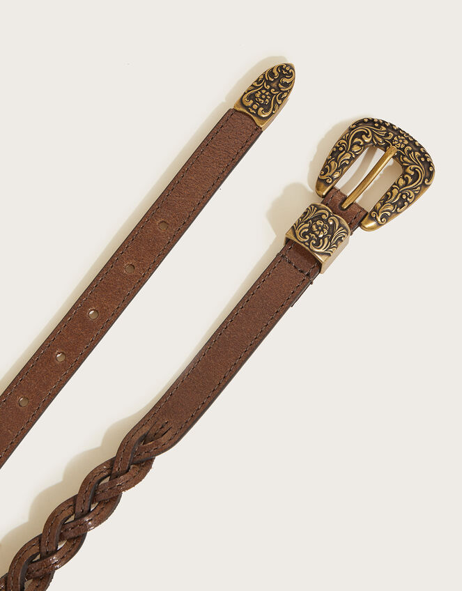 Leather Plaited Western Belt, Tan (TAN), large