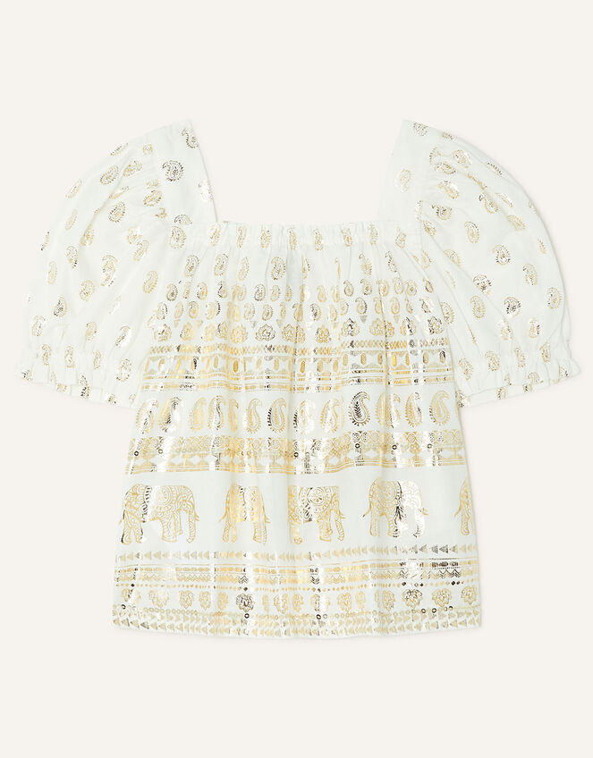 Boutique Elephant Foil Puff Sleeve Top, White (WHITE), large