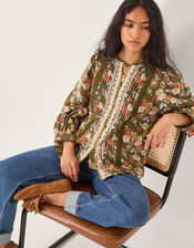 Olive Floral Print Jersey Shirt, Green (KHAKI), large