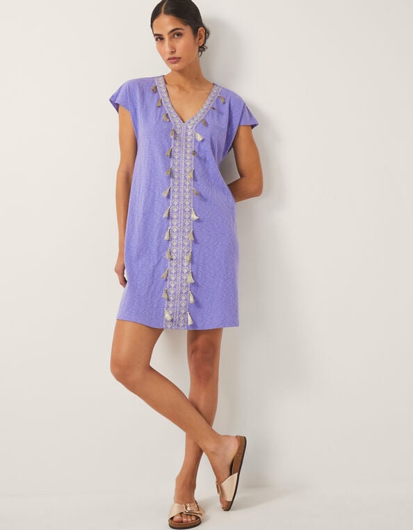 Jodie Tassel Beach Tunic Mini Dress, AMETHYST, large