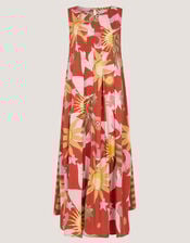 Anissa Sun Print Pleated Midi Dress, Orange (ORANGE), large