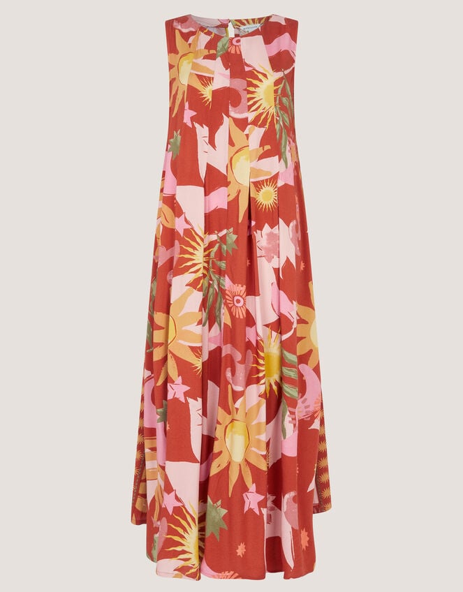 Anissa Sun Print Pleated Midi Dress, Orange (ORANGE), large