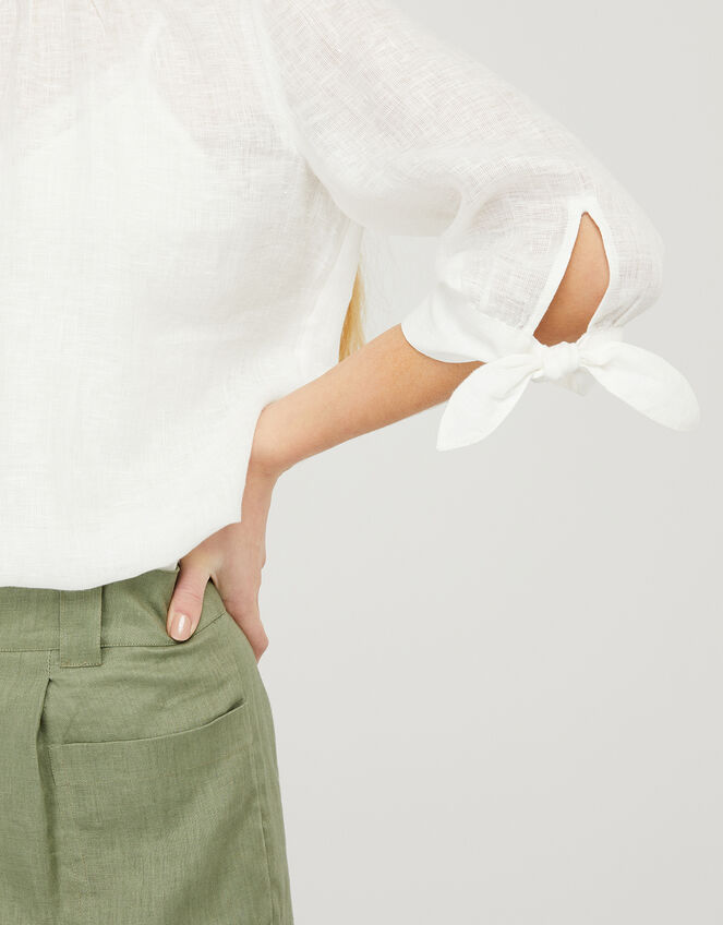Ru Tie Cuff Blouse in Linen Gauze, White (WHITE), large