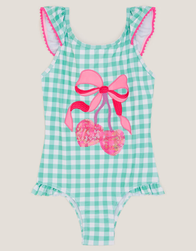 Sequin Cherry Gingham Swimsuit, Green (GREEN), large