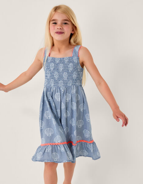 Shell Print Gingham Dress, Blue (BLUE), large