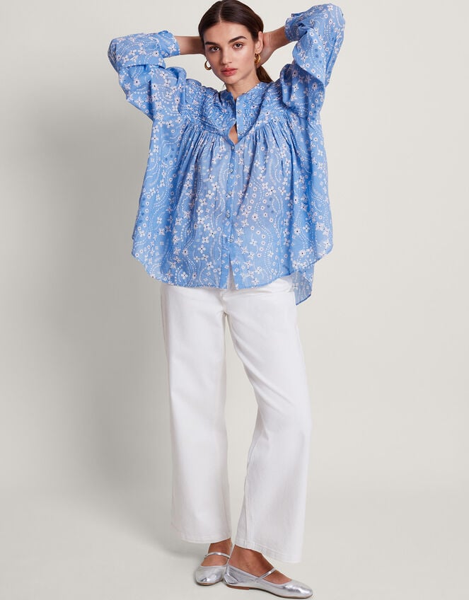 Dahlia Print Oversized Shirt, Blue (BLUE), large
