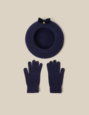 Velvet Bow Wool Beret & Gloves Set, Blue (NAVY), large