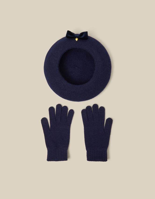 Velvet Bow Wool Beret & Gloves Set, Blue (NAVY), large