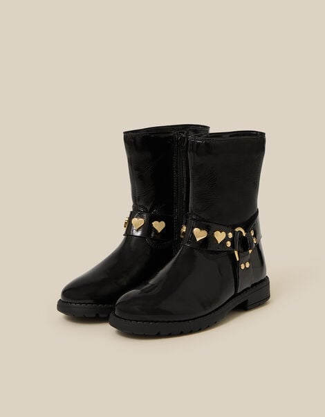 Heart Buckle Patent Biker Boots, Black (BLACK), large