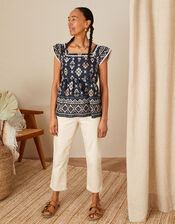 Square Neck Ikat Print Top in Sustainable Cotton, Blue (NAVY), large