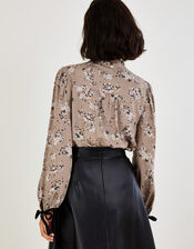 Ditsy Print Smocked Button Through Blouse, Mink (MINK), large