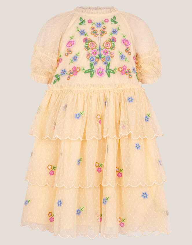Embroidered Floral Scallop Tiered Dress, Yellow (YELLOW), large