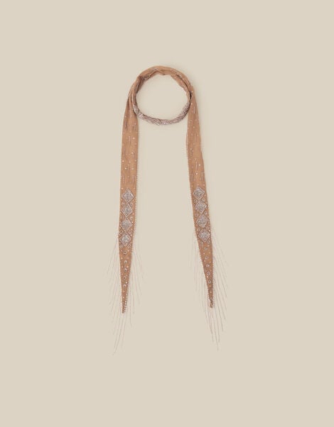 Enid Embellished Tassel Skinny Scarf, , large