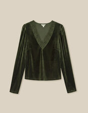 Lexi Lace Trim Velvet Top, Green (OLIVE), large