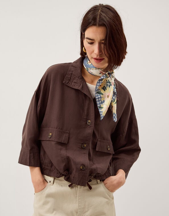 Marie Funnel Neck Linen Blend Jacket, Brown (CHOCOLATE), large