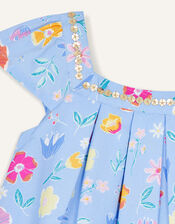Baby Sequin Neck Floral Dress, Blue (BLUE), large