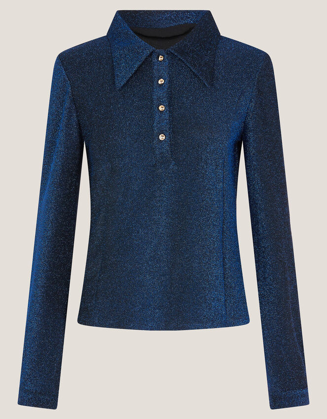Monsoon x Sarah Corbett-Winder Glitter Jersey Collar Top, Blue (BLUE), large